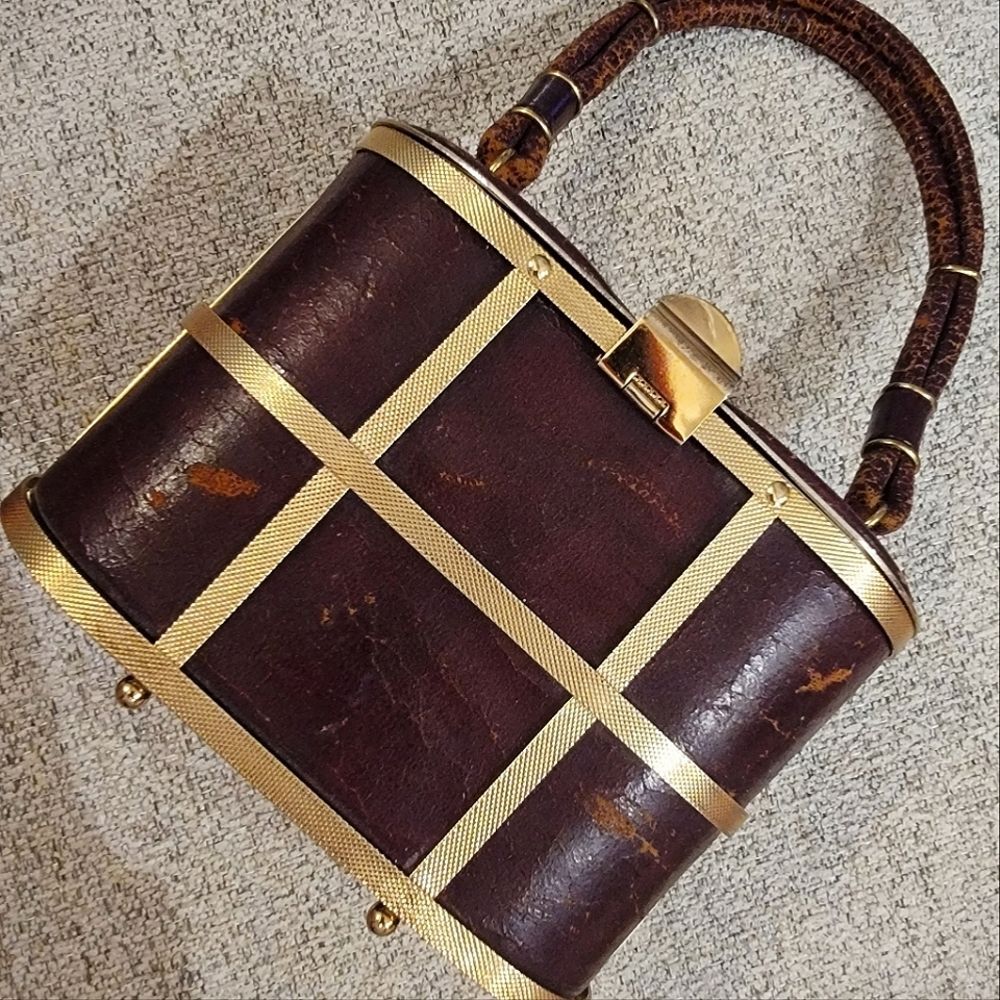 Rare #Vintage #1950s #Etra Brown & Gold Cage #Handbag #Purse - Picture 2 of 9